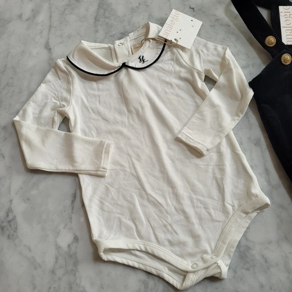 Analogie Kids Velvet Suspender Shorts & Peter Pan Bodysuit Set Black White 24M
